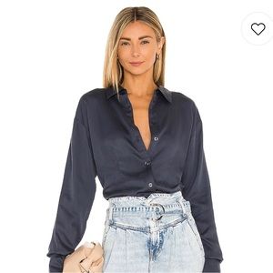 Size small. L'Academie—The Bastina Top in Navy Blue.